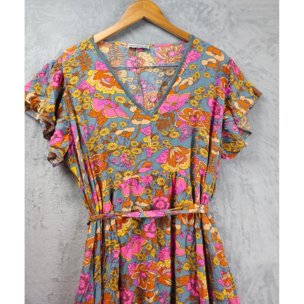 Rusttydustty Chic Maxi Dress Womens  3XL Blue Orange Floral Boho Tiered Belted - Picture 2 of 5